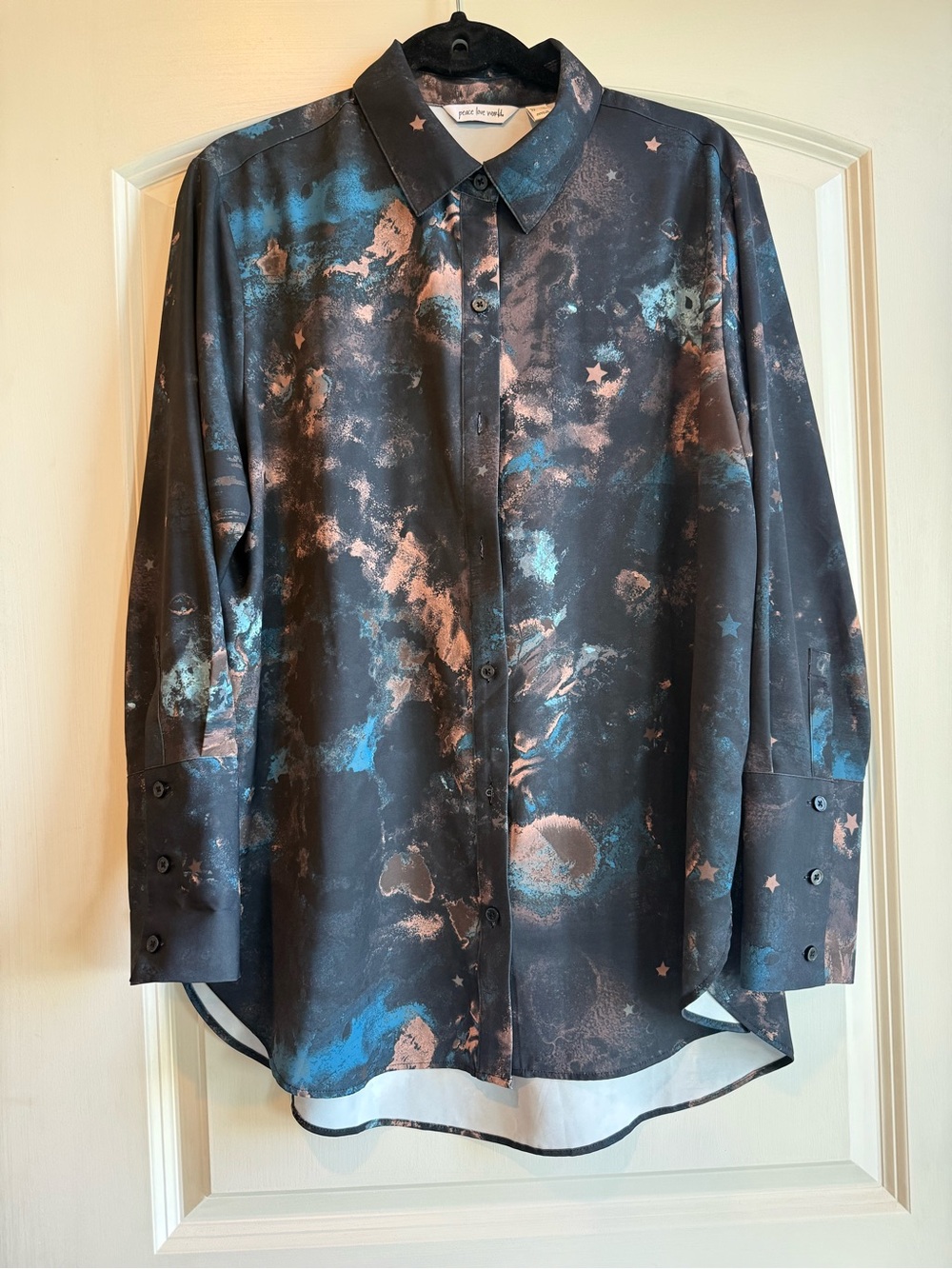 Peace, Love, World Women’s Abstract Print Button-Up Shirt Jacket